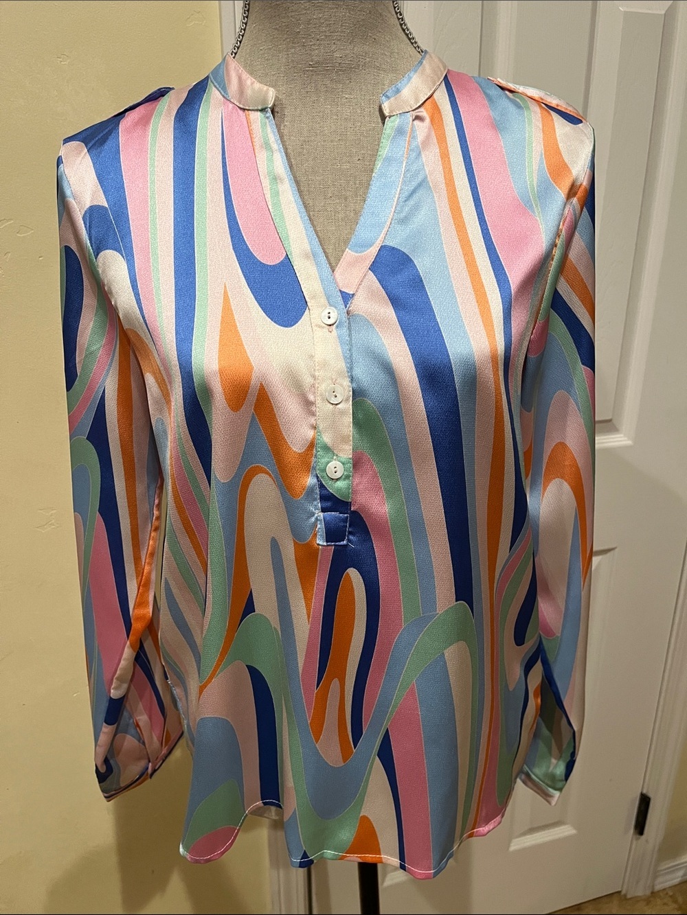Ellison Multi-Color Wave Print Blouse in Blue, Pink, Orange, Green